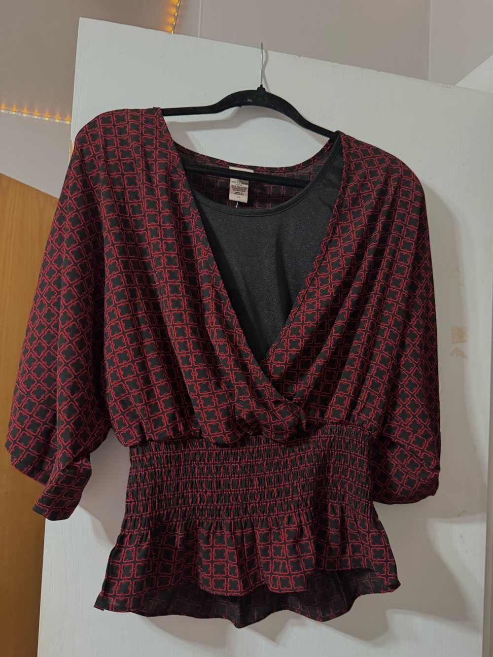 Red Patterned Smocked-Waist Blouse